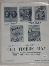 Rizzuto - Bauer - Kubek- Boyer Signed by 4 Yankee Old Timers Day Pullout jsa coa
