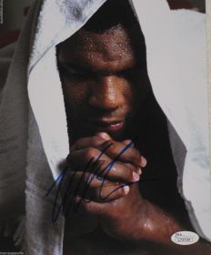 Mike Tyson Signed 8x10 Boxing Towel Photo JSA